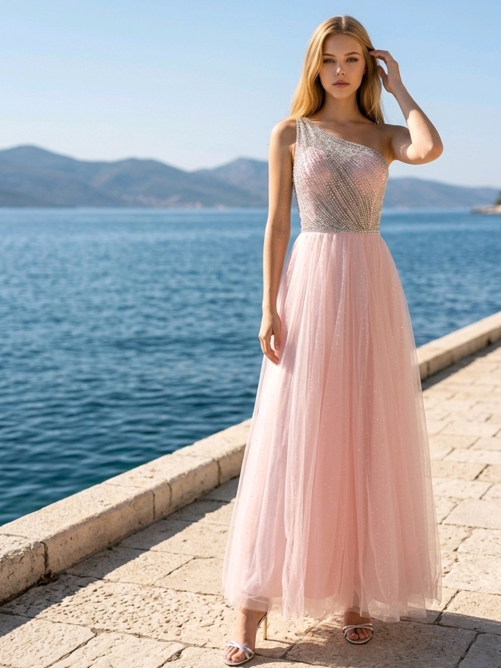 ellie wilde One-Shoulder Sparkling Blush Pink Tulle Gown